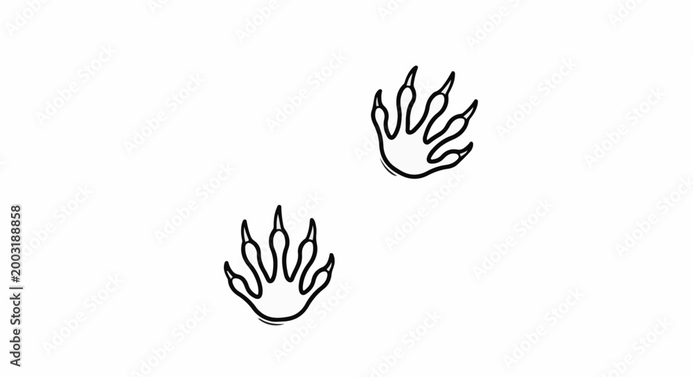 Fototapeta premium Two sketched animal paw prints with sharp claws on white background