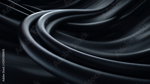 Abstract black curved tubes featuring sleek minimalist 3D render with matte texture and flowing lines for modern industrial design and luxury technology branding presentations