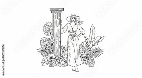 Woman in tropical foliage posing next to a wooden pillar