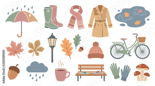 Flat illustration of autumn icons: umbrella, boots, scarf, coat, bicycle, bench, mushrooms