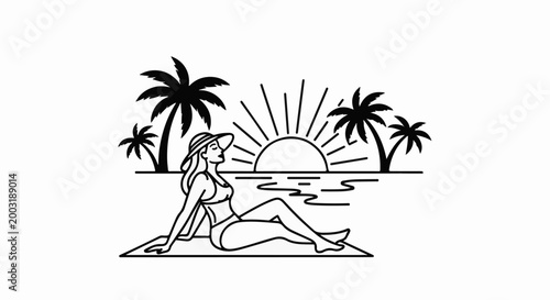 Woman relaxing on beach with palm trees and sunset over water