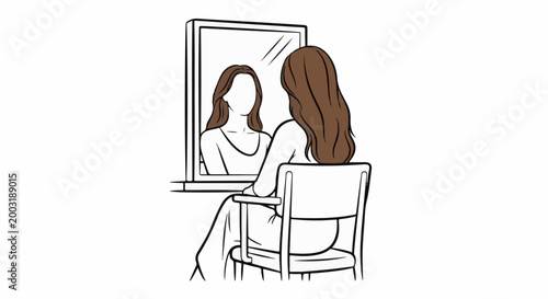 Woman sitting in chair looking at reflection in mirror, brown hair