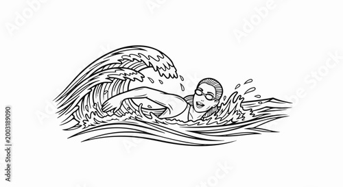 Woman swimming freestyle through choppy water with a large wave