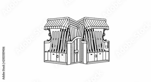 Two woven beach chairs facing each other with striped awnings