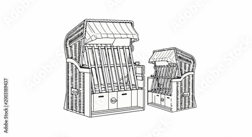 Two woven beach chairs with striped awnings sit side by side