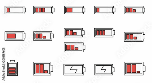 Various battery level icons, showing full, partial, and charging states