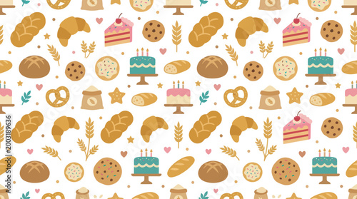 Flat Illustration Bakery Food Seamless Pattern with Assorted Baked Goods, Bread, Cakes, and Cookies
