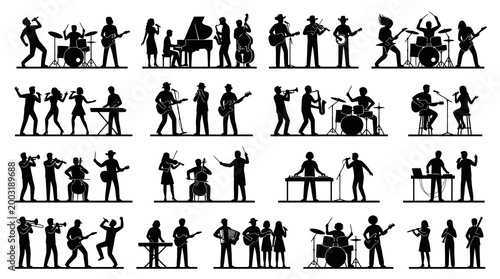 Black and White Silhouettes of Musical Bands and Performers