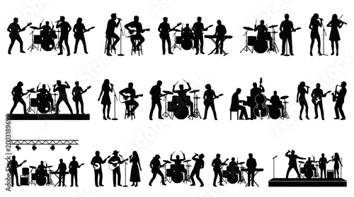 Music Band and Solo Musicians Silhouette Vector Art Set - Performance Glyphs Collection