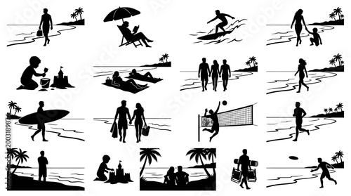 Beach Activities Silhouettes Vector Set for Summer Holiday  Vacation Leisure Designs