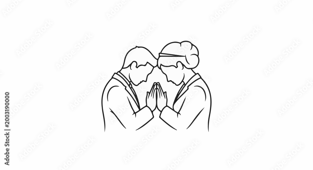 Obraz premium Two figures bowing heads together in a gesture of respect or prayer