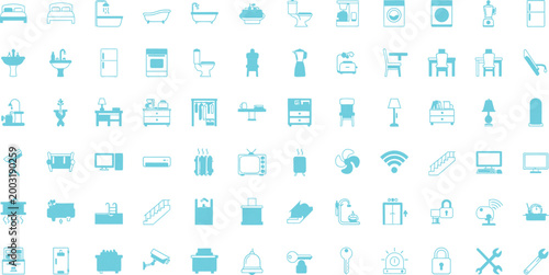 Set of light blue home interior and household appliance for furniture and utility