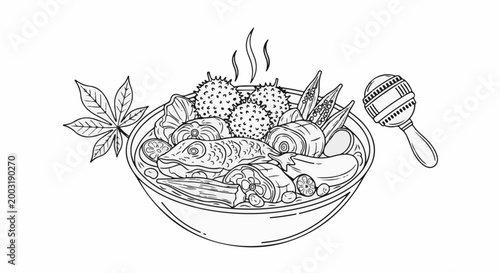 Whimsical line drawing of a steaming bowl of fish, vegetables, and spiky fruit with a maraca