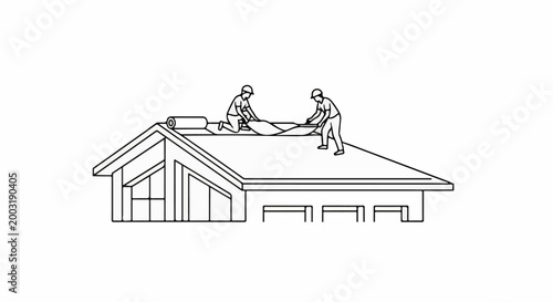 Two roofers work on a building, unrolling material on the roof