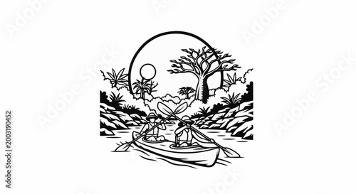 Two people in a canoe paddling down a river through a tropical landscape