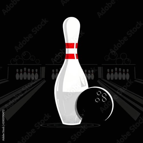 Bowling pin and ball on a black background with bowling alley
