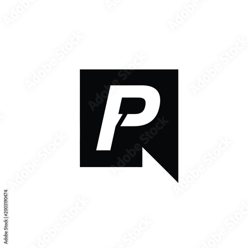 Bold letter p inside a black square speech bubble shape