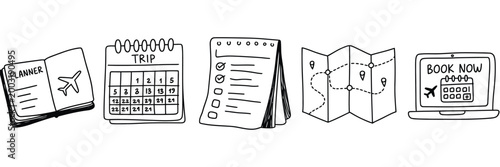 Travel planning icon collection, hand drawn black ink doodle vector set with planner notebook, calendar, checklist, navigation route map, and online booking laptop interface, clean minimalist sketch.