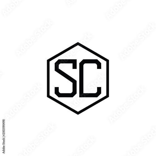 Black monogram with letters sc inside a hexagon shape on white background