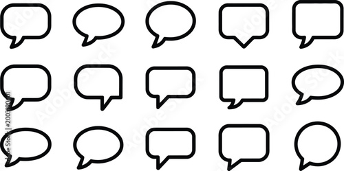 Set of various empty speech bubbles in black outline on white background