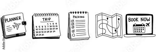 Travel planning icon collection, hand drawn black ink doodle vector set with planner notebook, calendar, checklist, navigation route map, and online booking laptop interface, clean minimalist sketch.