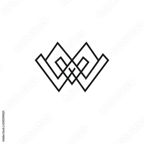 Symmetrical w shaped geometric with intersecting angular lines on white background