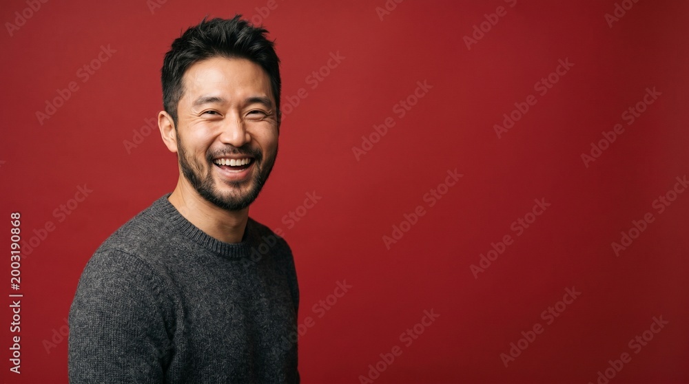 Obraz premium A portrait of a cheerful East Asian man with a beard, laughing joyfully against a solid vibrant red background