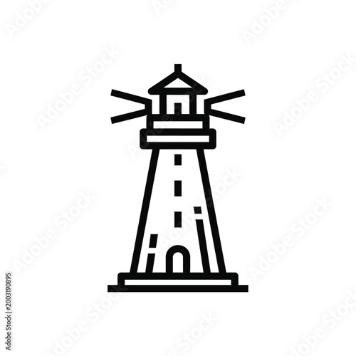 Linear lighthouse with beams of light in black outline on a white background