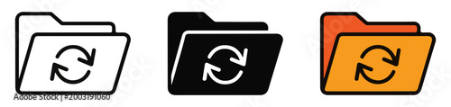 Set of three folder icons with refresh symbol in different styles isolated on transparent background.