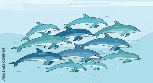 A pod of cartoon dolphins swimming together in shades of blue