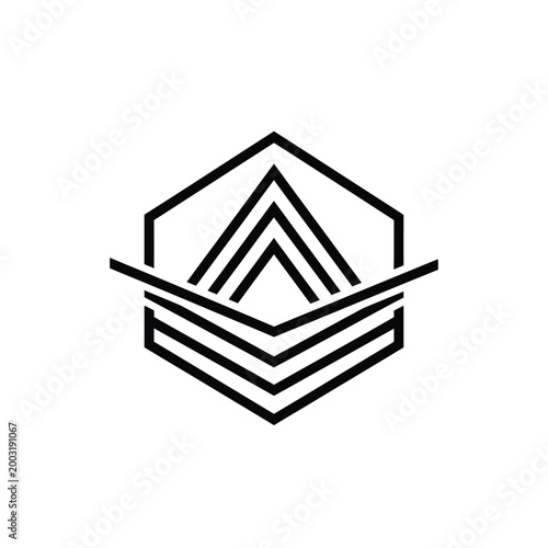 Abstract hexagon with geometric triangle patterns and horizontal lines on white background