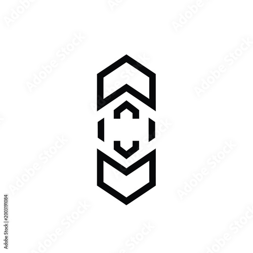 Geometric symmetrical emblem with chevron shapes on a plain white background