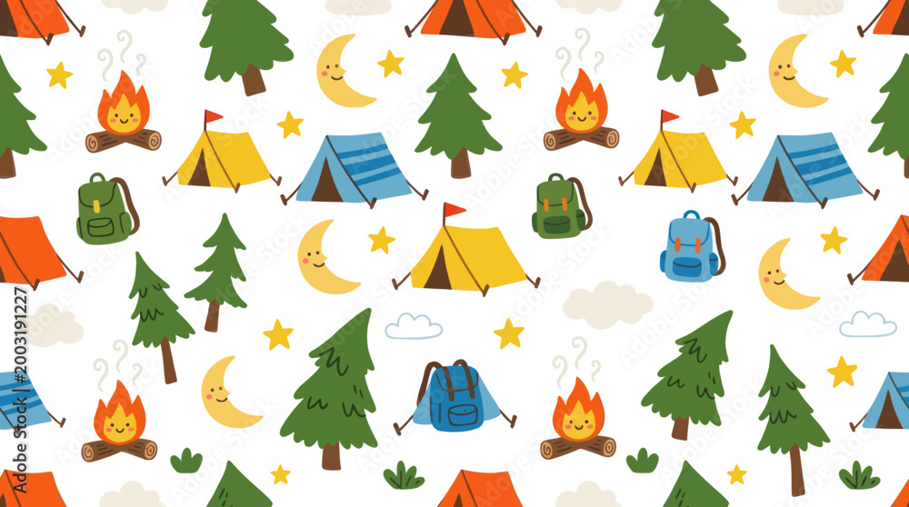 Fototapeta premium Cute Camping Seamless Pattern with Tents, Campfires, Moon, and Trees