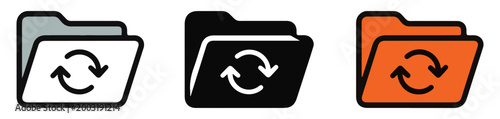 Set of three folder icons with refresh symbol and outlines isolated on transparent background.