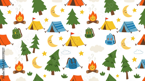 Cute Camping Seamless Pattern with Tents, Campfires, Moon, and Trees
