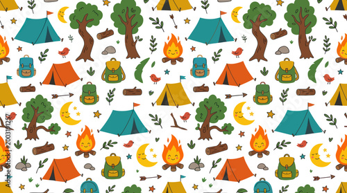 Camping Outdoor Flat Cartoon Seamless Pattern: Tents, Campfires, Trees, Backpacks