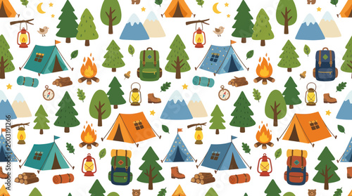 Cute Camping Adventure Pattern with Tents, Campfires, and Backpacks
