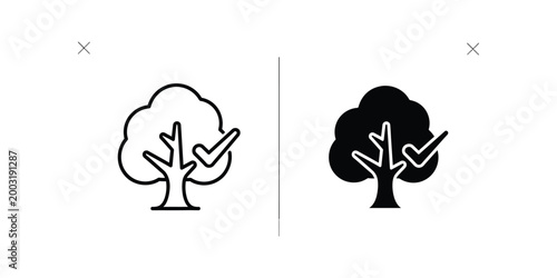 Comparison of monochrome and filled tree icons with checkmark