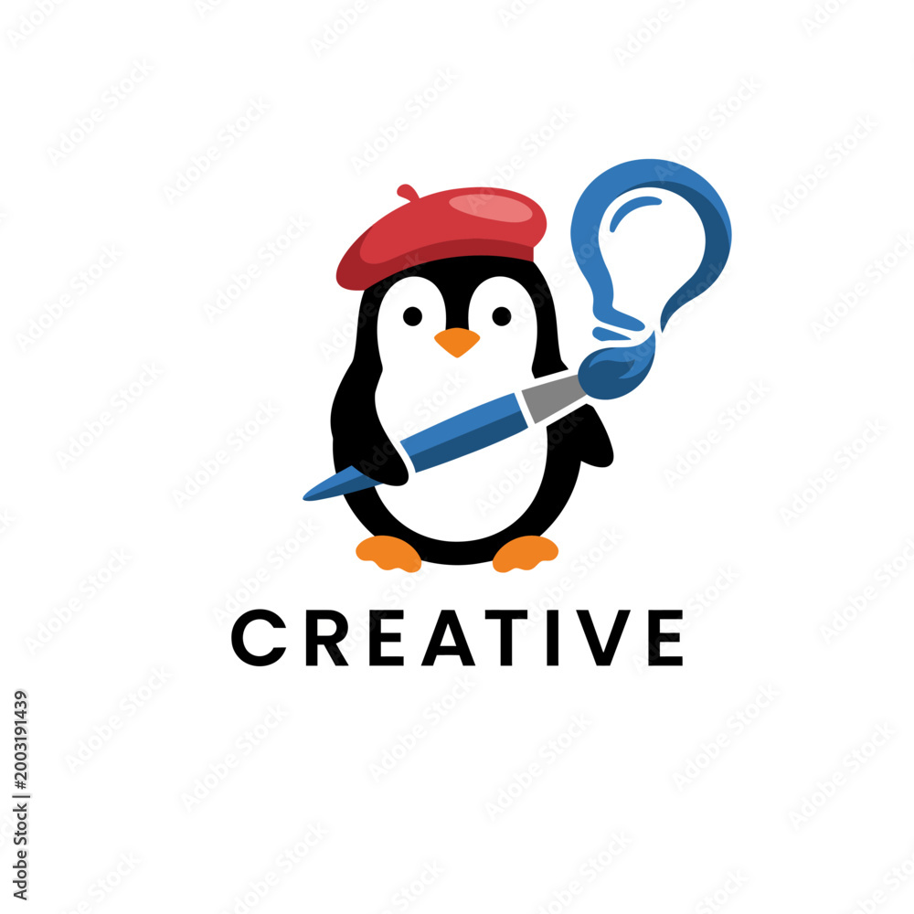 Obraz premium A whimsical logo featuring a cute penguin wearing a beret and holding a brush, symbolizing creativity and artistic expression in a playful manner.