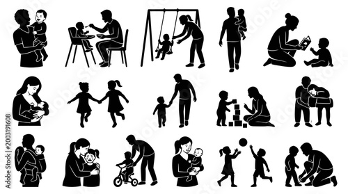 Black and white illustration of families and children in various activities