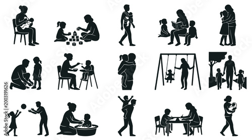 Parenting and Family Life Black Glyph Vector Silhouette Icons Set