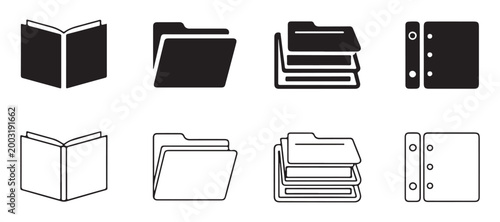 Open book and folder icons simple outline and filled versions for educational or business document management.