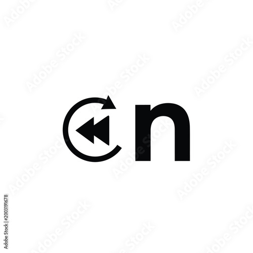 Black rewind symbol combined with the lowercase letter n on a white background