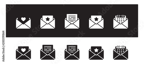 Set of five email icons with black background and five email icons with transparent background.