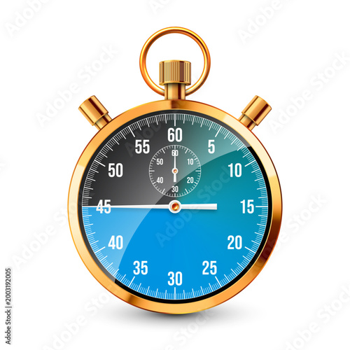 Realistic classic stopwatch. Shiny golden metal chronometer, time counter with dial. Blue countdown timer showing minutes and seconds. Time measurement for sport, start, finish. Vector illustration