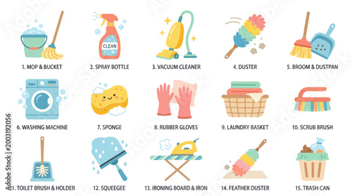 Flat Design Cleaning Tools Set: Home Maintenance  Housekeeping Supplies Vector Collection