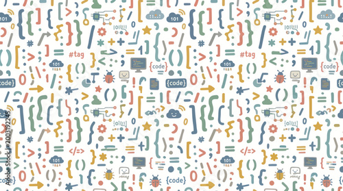 Seamless Coding Pattern: Braces, Bugs, and Tech Icons in Flat Style