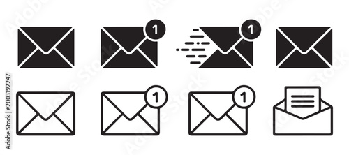 Digital mailbox notification icons featuring new message alerts and fast delivery mail silhouettes.