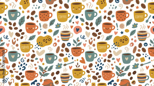 Cute Coffee Mugs and Beans Seamless Pattern, Flat Kawaii Style