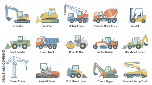 Flat Vector Icons of Construction Heavy Equipment Machinery